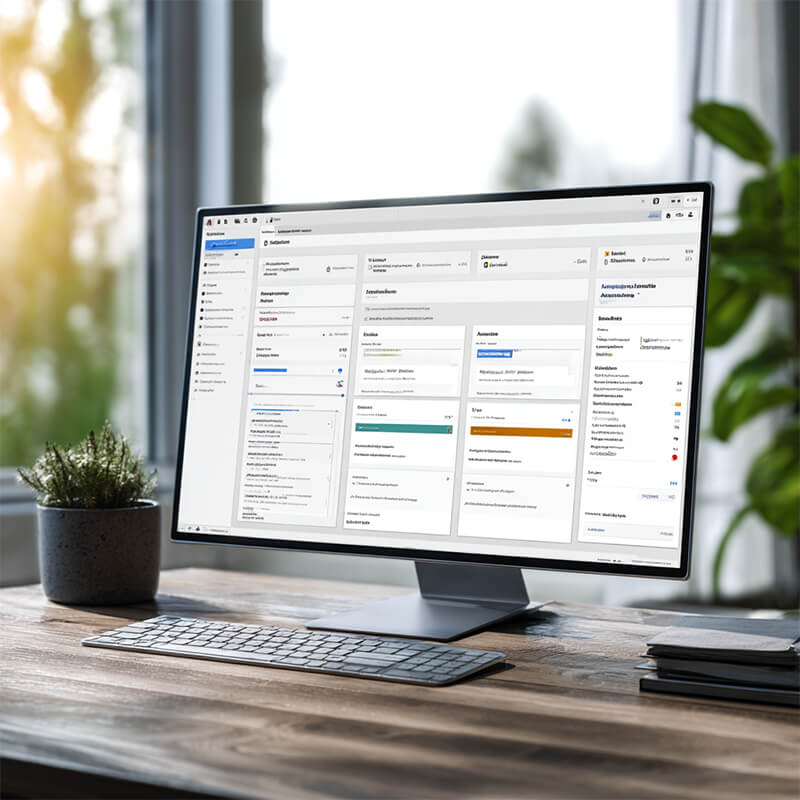 Ein PC-Display mit Software auf einem Schreibtisch stehend