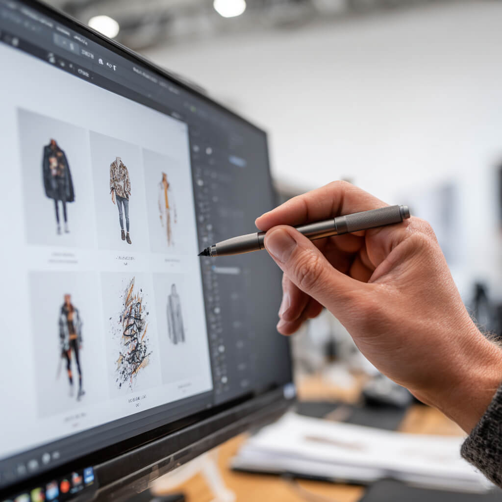 Person stöbert mit einem Stift auf einem Desktop-Bildschirm durch einen Online-Shop für Kleidung