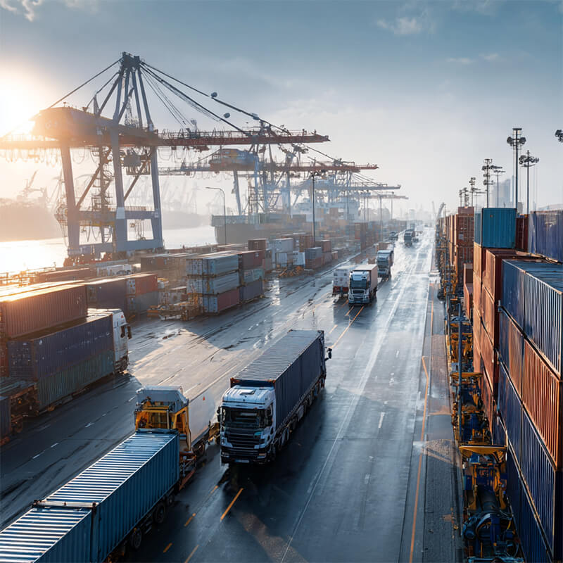 Containerhafen mit großen Kränen, Lkw und gestapelten Containern bei Sonnenuntergang