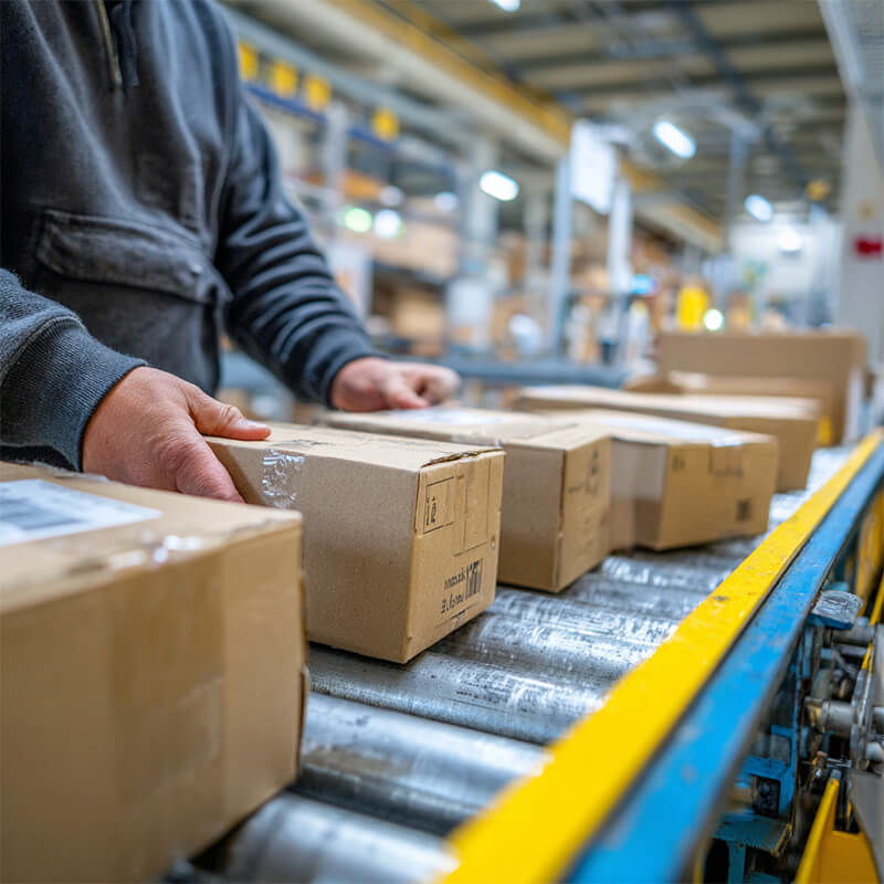 Mitarbeiter legt Pakete auf ein Förderband in einem Logistikzentrum