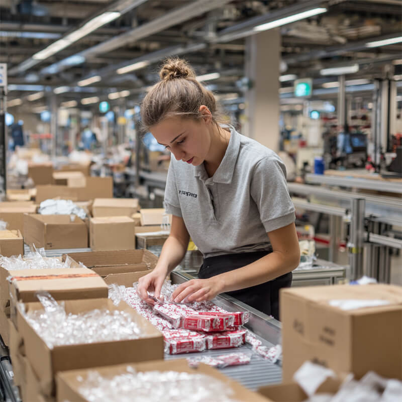 Mitarbeiterin in grauem Polo verpackt rot-weiß eingewickelte Produkte an einem Förderband, umgeben von offenen Kartons in einer Fabrikhalle.