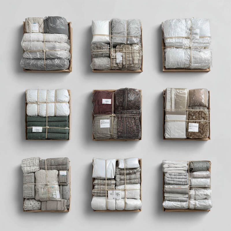 Neun quadratische Bündel aus sortierten Stoff-/Textilwaren, in Folie und Papier auf Karton geschnürt, frontal vor grauer Wand angeordnet.