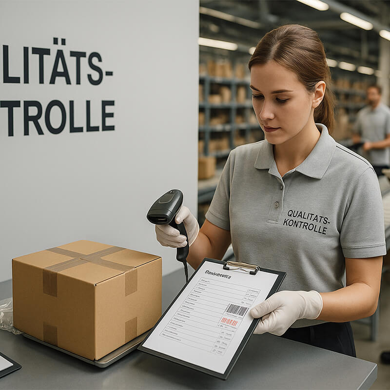 Mitarbeiterin in grauem Polo und Handschuhen scannt einen Barcode an der Prüfliste - Lager/ Förderband im Hintergrund.